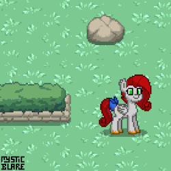 Size: 560x560 | Tagged: suggestive, artist:mystic blare, derpibooru import, oc, oc:ink vat, oc:paddles love, unofficial characters only, pegasus, pony, unicorn, pony town, animated, blushing, bow, embarrassed, gif, hat, inkdles, magic, paddle, pixel art, spanking, tail bow, wizard hat