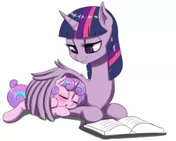 Size: 1170x938 | Tagged: safe, artist:dankflank, derpibooru import, princess flurry heart, twilight sparkle, twilight sparkle (alicorn), alicorn, pony, 30 minute art challenge, aunt and niece, auntie twilight, best aunt ever, blushing, book, cute, duo, eyes closed, female, filly, flurrybetes, hug, lidded eyes, mare, no pupils, older, prone, reading, simple background, sleeping, twilight is bae, white background, wing blanket, winghug