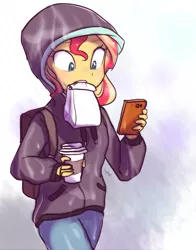 Size: 939x1200 | Tagged: safe, artist:haden-2375, derpibooru import, sunset shimmer, eqg summertime shorts, equestria girls, monday blues, backpack, clothes, coffee, cute, female, gradient background, hoodie, jacket, mobile phone, mouth hold, pants, phone, shimmerbetes, simple background, smartphone, solo, walking, wide eyes