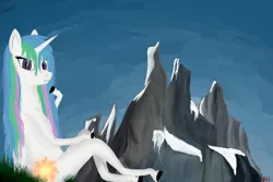 Size: 3000x2000 | Tagged: alicorn, artist:wax-42, derpibooru import, female, looking at you, mountain, princess celestia, safe, semi-anthro, sky, solo