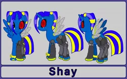 Size: 1280x798 | Tagged: safe, artist:linedraweer, derpibooru import, oc, oc:shay, unofficial characters only, alicorn, cyborg, pony, alicorn oc, amputee, augmented, commission, female, metal, metal wing, prosthetic limb, prosthetic wing, prosthetics, quadruple amputee, red eyes, reference sheet, scar, triple amputee
