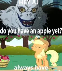 Size: 704x800 | Tagged: safe, derpibooru import, applejack, pony, death note, funny, meme, ryuk, shinigami