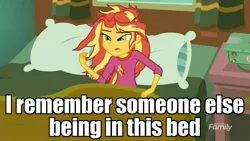 Size: 1366x768 | Tagged: safe, derpibooru import, edit, edited screencap, screencap, sunset shimmer, eqg summertime shorts, equestria girls, monday blues, bed, clothes, discovery family logo, image macro, meme, pajamas, pillow, solo, sunset's apartment