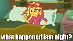 Size: 1366x768 | Tagged: safe, derpibooru import, edit, edited screencap, screencap, sunset shimmer, eqg summertime shorts, equestria girls, monday blues, bed, clothes, discovery family logo, image macro, meme, pajamas, pillow, solo, sunset's apartment