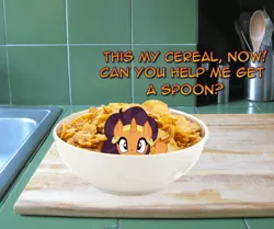 Size: 866x725 | Tagged: safe, derpibooru import, saffron masala, pony, bowl, breakfast, cereal, cute, dialogue, food, irl, kitchen, looking at you, manip, photo, ponies in real life, saffronbetes, tiny ponies