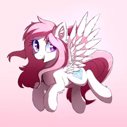 Size: 2000x2000 | Tagged: safe, artist:morningbullet, derpibooru import, oc, unofficial characters only, pegasus, pony, ear fluff, female, flying, gradient background, mare, open mouth, pink background, pink mane, purple eyes, signature, smiling, solo, white coat