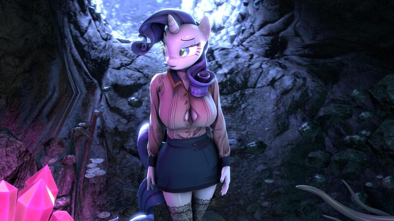 Size: 1920x1080 | Tagged: questionable, artist:phantim, derpibooru import, rarity, anthro, plantigrade anthro, unicorn, 3d, blouse, breasts, busty rarity, cave, cleavage, clothes, crystal, female, miniskirt, popped button, raised eyebrow, skirt, solo, solo female, source filmmaker, stockings, tentacles, tentalicus hentailidae, thigh highs, unraveling the mystery