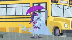 Size: 1920x1080 | Tagged: safe, derpibooru import, screencap, sci-twi, twilight sparkle, eqg summertime shorts, equestria girls, monday blues, bus, geode of telekinesis, magical geodes, rain, solo, umbrella