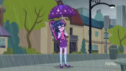 Size: 1920x1080 | Tagged: safe, derpibooru import, screencap, sci-twi, twilight sparkle, eqg summertime shorts, equestria girls, monday blues, canterlot city, geode of telekinesis, magical geodes, rain, solo, umbrella, wind