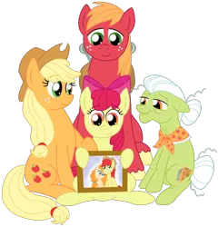 Size: 1750x1822 | Tagged: safe, artist:crazynutbob, derpibooru import, apple bloom, applejack, big macintosh, bright mac, granny smith, pear butter, pony, the perfect pear, apple family, brightbutter, female, hoof on shoulder, male, picture frame, remember, shipping, simple background, straight, transparent background