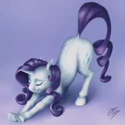 Size: 1020x1020 | Tagged: safe, artist:bluespaceling, derpibooru import, rarity, pony, unicorn, behaving like a cat, cute, dock, eyes closed, face down ass up, female, frog (hoof), iwtcird, mare, purple background, raribetes, simple background, solo, stretching, underhoof