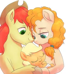 Size: 936x1056 | Tagged: safe, artist:raikoh, derpibooru import, applejack, bright mac, pear butter, earth pony, pony, the perfect pear, baby, baby pony, babyjack, brightbutter, cowboy hat, cute, family, female, foal, hat, jackabetes, male, mare, shipping, simple background, sleeping, stallion, stetson, straight