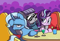 Size: 1000x691 | Tagged: safe, artist:foudubulbe, derpibooru import, maud pie, starlight glimmer, trixie, pony, unicorn, comic:damp rocks, blushing, clothes, cocktail glass, drink, facehoof, female, glass, lesbian, mare, maud gets all the mares, mauxie, ot3, shipping, starmauxie, startrix, sunglasses, table, trio, wine glass
