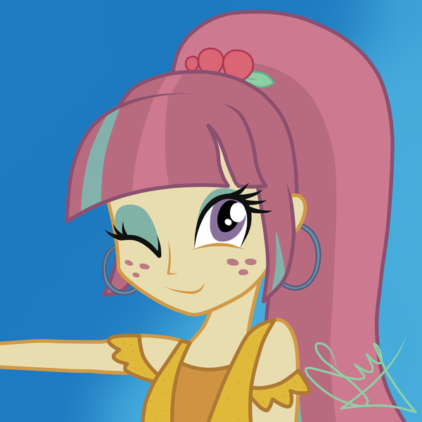 Size: 3000x3000 | Tagged: safe, artist:darkvoice97, derpibooru import, sour sweet, dance magic, equestria girls, spoiler:eqg specials, cute, ear piercing, earring, female, jewelry, looking at you, one eye closed, piercing, ponytail, simple background, solo, sourbetes, wink