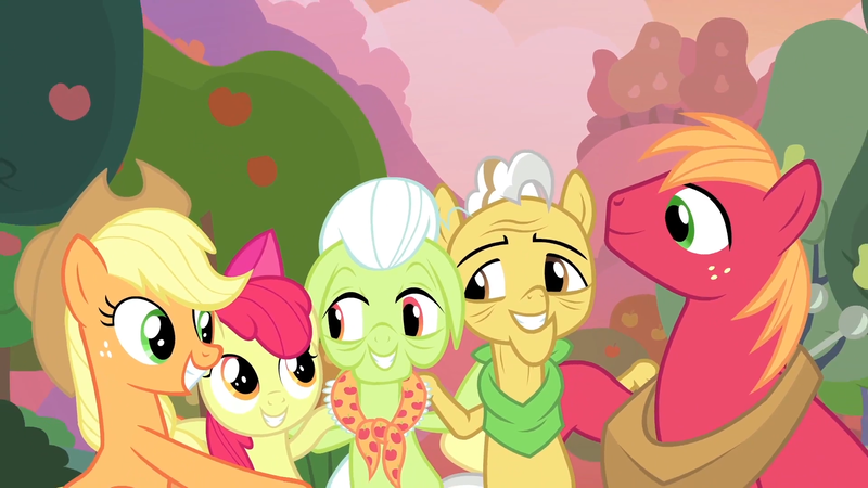 Size: 1920x1080 | Tagged: safe, derpibooru import, screencap, apple bloom, applejack, big macintosh, grand pear, granny smith, earth pony, pony, the perfect pear, group hug, hug, smiling