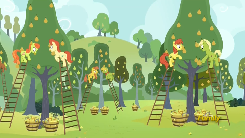 Size: 1920x1080 | Tagged: safe, derpibooru import, screencap, cinnamon pear, cornice pear, sweet strike, unnamed pony, earth pony, pony, the perfect pear, background pony, basket, bushel basket, discovery family logo, female, food, ladder, male, mare, pear, pear family, pear family member, pear orchard, pear tree, shiny concorde, stallion