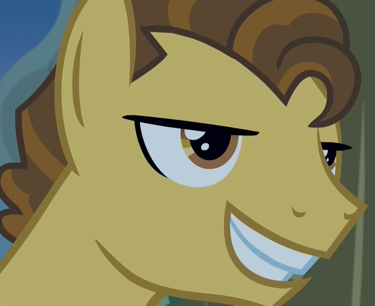 Size: 1321x1080 | Tagged: safe, derpibooru import, screencap, grand pear, earth pony, pony, the perfect pear, bust, evil grin, grin, male, portrait, smiling, solo, stallion, young grand pear, younger