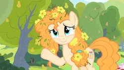 Size: 1920x1080 | Tagged: safe, derpibooru import, screencap, pear butter, pony, the perfect pear, cute, flower, flower in hair, pearabetes, raised hoof, smiling, solo, waving