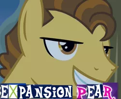 Size: 1321x1080 | Tagged: safe, derpibooru import, edit, edited screencap, editor:watermelon changeling, screencap, grand pear, earth pony, pony, the perfect pear, bust, caption, evil grin, expand dong, exploitable meme, grin, image macro, male, meme, portrait, smiling, solo, stallion, young grand pear, younger