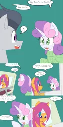 Size: 1600x3200 | Tagged: safe, artist:jake heritagu, derpibooru import, rumble, scootaloo, sweetie belle, pony, comic:ask motherly scootaloo, bandage, bed, cast, clothes, comic, hairpin, hospital, hospital bed, motherly scootaloo, pillow, sweater