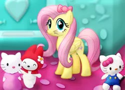 Size: 1365x982 | Tagged: safe, artist:frogem, derpibooru import, fluttershy, pegasus, pony, bow, clothes, crossover, cute, daaaaaaaaaaaw, female, hair bow, hello kitty, looking at you, mare, my melo-chan, my melody, sanrio, shyabetes