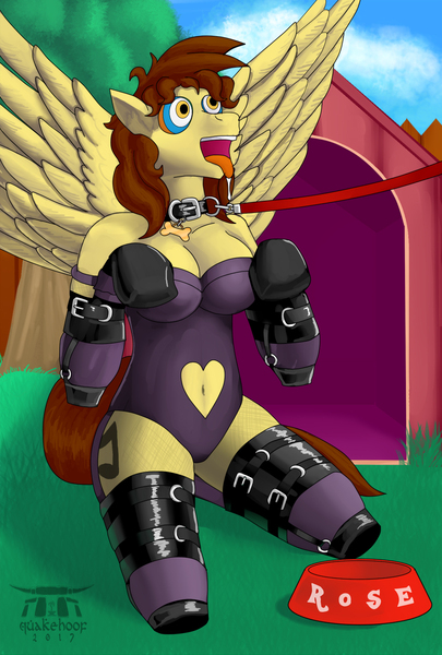 Size: 977x1446 | Tagged: suggestive, artist:quakehoof, derpibooru import, oc, oc:billy rose, unofficial characters only, anthro, unguligrade anthro, bdsm, behaving like a dog, belly button, bitchsuit, bondage, boots, breasts, clothes, collar, dog house, drool, evening gloves, female, fetish, fishnets, food bowl, gloves, hypno eyes, hypnosis fetish, hypnotized, kneeling, leash, long gloves, mind break, mind control, offscreen character, outdoors, pet play, pet tag, shoes, solo, solo female, spread wings, swirly eyes, thigh boots, tongue out, wings