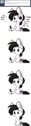 Size: 1650x6600 | Tagged: safe, artist:tjpones, derpibooru import, oc, oc:toolbelt mchomemaker, unofficial characters only, earth pony, pony, horse wife, ask, breaking the fourth wall, chest fluff, comic, dialogue, ear fluff, fourth wall, grayscale, hammer, monochrome, ponytail, realization, screwdriver, simple background, solo, tape, toolbelt, tumblr, white background, wrench