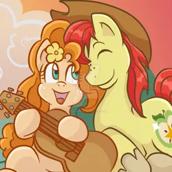 Size: 1024x1024 | Tagged: safe, artist:yoshimarsart, derpibooru import, bright mac, pear butter, pony, the perfect pear, brightbutter, female, guitar, male, shipping, straight, watermark