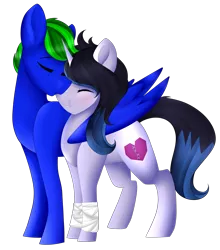 Size: 2197x2501 | Tagged: safe, artist:beashay, derpibooru import, oc, oc:circuit breaker, oc:loveless charm, unofficial characters only, pegasus, pony, unicorn, female, high res, hug, male, mare, oc x oc, shipping, simple background, straight, transparent background, winghug