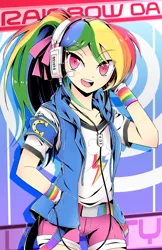 Size: 792x1224 | Tagged: safe, artist:banzatou, derpibooru import, rainbow dash, human, belt, clothes, female, happy, headphones, humanized, manga, multicolored hair, music, ponytail, ribbon, shorts, smiling, solo