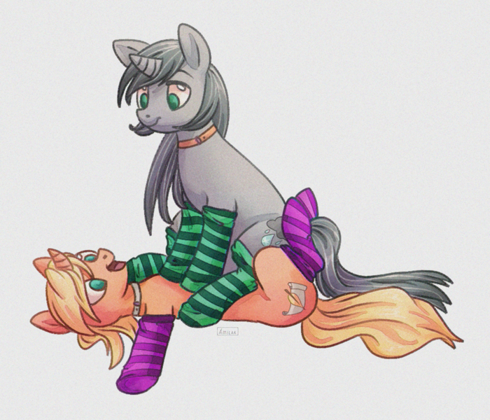 Size: 1050x900 | Tagged: safe, artist:amilar, derpibooru import, oc, oc:ashen winter, oc:script write, unofficial characters only, pony, unicorn, clothes, collar, duo, female, happy, mare, on back, sitting, sitting on pony, socks, striped socks