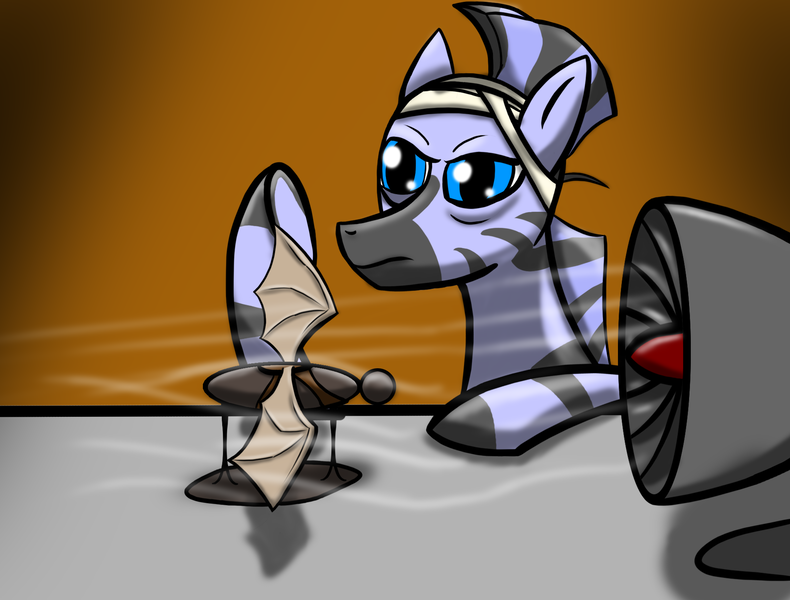 Size: 2048x1556 | Tagged: safe, artist:kedke1, derpibooru import, oc, oc:glyde strype, unofficial characters only, zebra, zebrasus, atg 2017, bandage, fan, image, model, newbie artist training grounds, png, solo, wind tunnel