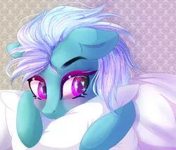 Size: 2586x2201 | Tagged: safe, artist:silvia-zero, derpibooru import, fleetfoot, pegasus, pony, bed, blushing, commission, cute, diafleetes, female, heart eyes, implied rainbow dash, lying down, mare, pillow, solo, sparkly mane, wingding eyes, ych result