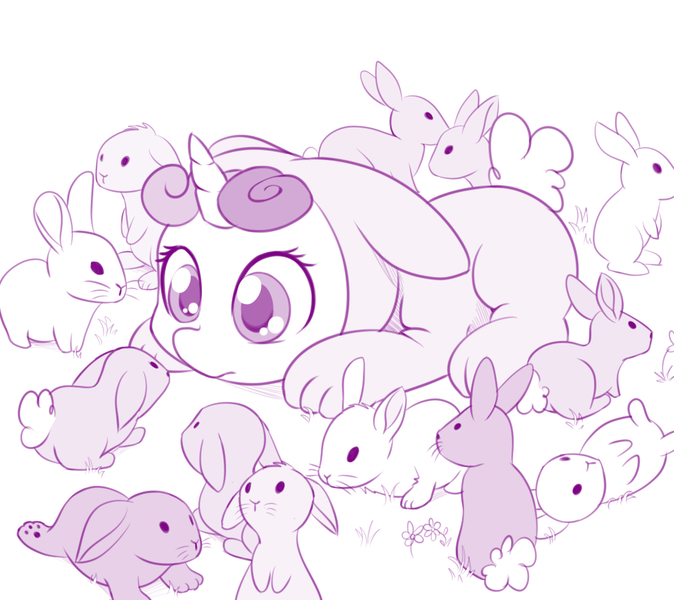 Size: 1061x944 | Tagged: safe, artist:dstears, derpibooru import, sweetie belle, pony, rabbit, unicorn, animal costume, bunny costume, clothes, costume, cute, diasweetes, female, filly, hnnng, looking at each other, monochrome, prone, solo, weapons-grade cute