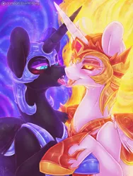 Size: 3385x4500 | Tagged: suggestive, artist:dimwitdog, derpibooru import, daybreaker, nightmare moon, alicorn, pony, drool, evil princest, fangs, female, french kiss, horns are touching, horseshoes, incest, kissing, lesbian, lidded eyes, looking at you, open mouth, patreon, patreon logo, princest, shipping, tongue out