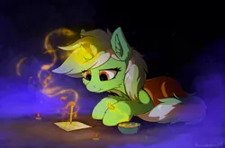 Size: 1219x804 | Tagged: safe, artist:breakdream, derpibooru import, lyra heartstrings, pony, unicorn, blanket, candle, chips, eye reflection, female, food, glowing horn, magic, mare, mist, paper, potato chips, reflection, smiling, solo, telekinesis, writing