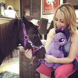 Size: 960x960 | Tagged: artist needed, derpibooru import, horse, horse-pony interaction, human, irl, irl horse, irl human, miniature horse, pearl (horse), photo, plushie, real, real pony, safe, tara strong, toy, twilight sparkle, voice actor