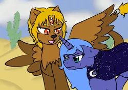 Size: 1414x1000 | Tagged: safe, artist:jolliapplegirl, derpibooru import, princess luna, oc, oc:asra, alicorn, pony, sphinx, cactus, canon x oc, desert, feline, next generation, shipping, sphinx oc, story included, third eye, three eyes