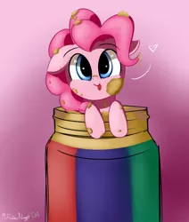 Size: 2200x2600 | Tagged: safe, artist:a8f12, derpibooru import, pinkie pie, earth pony, pony, :p, adorable face, covered, cute, diapinkes, female, floating heart, food, gradient background, heart, mare, messy, peanut butter, signature, silly, silly pony, tiny, tiny ponies, tongue out