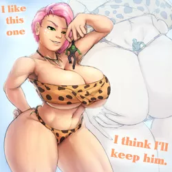 Size: 1000x1000 | Tagged: absolute cleavage, amazon, amazonian, artist:maarthul, ass, babs seed, bedroom eyes, belly button, big breasts, breasts, buns seed, busty babs seed, caveman, cavewoman, cleavage, clothes, curvy, derpibooru import, dialogue, female, freckles, giantess, hand on hip, huge breasts, huge butt, human, humanized, jewelry, jungle girl, large butt, larger female, leopard print, loincloth, macro, micro, muscles, necklace, oc, oc:anon, older, panties, pet human, seductive look, seductive pose, sexy, size difference, sketchy, spread butt, stupid sexy babs seed, suggestive, thighs, thong, tube top, underwear, wide hips