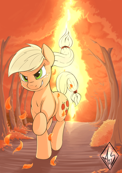 Size: 1240x1748 | Tagged: safe, artist:sea-maas, derpibooru import, applejack, earth pony, pony, autumn, female, forest, happy, hatless, light, mare, missing accessory, running, scenery, smiling, smirk, solo, tree