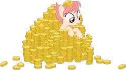 Size: 2405x1333 | Tagged: safe, artist:sonofaskywalker, derpibooru import, raspberry vinaigrette, earth pony, pony, discordant harmony, bits, cute, female, loadsamoney, mare, money, simple background, solo, transparent background, vector