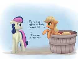 Size: 1133x850 | Tagged: safe, artist:vanillaghosties, derpibooru import, applejack, bon bon, sweetie drops, earth pony, pony, apple, applejack becoming an apple, atg 2017, bucket, confused, cute, daaaaaaaaaaaw, dialogue, duo, eye contact, female, floppy ears, food, frown, funny, gradient background, hatless, jackabetes, leaning, looking at each other, mare, missing accessory, newbie artist training grounds, raised hoof, silly, silly pony, that pony sure does love apples, wat, we have become one, who's a silly pony, wide eyes