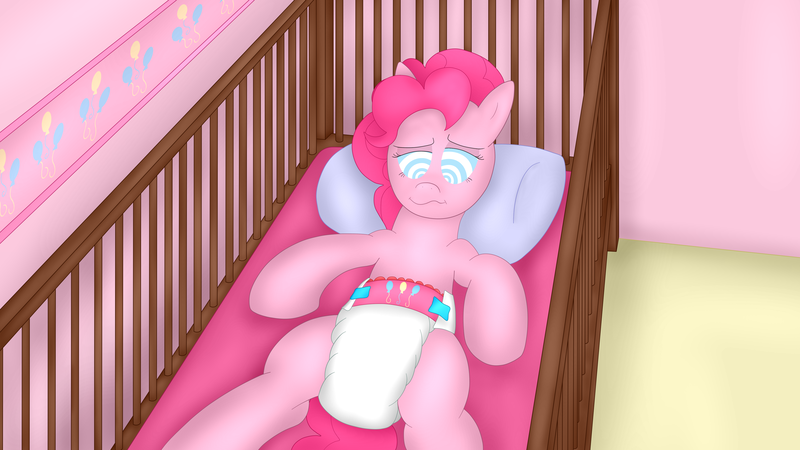 Size: 3840x2160 | Tagged: questionable, artist:leadpie, derpibooru import, pinkie pie, pony, crib, diaper, diaper fetish, fetish, mental regression, mind control, solo, swirly eyes