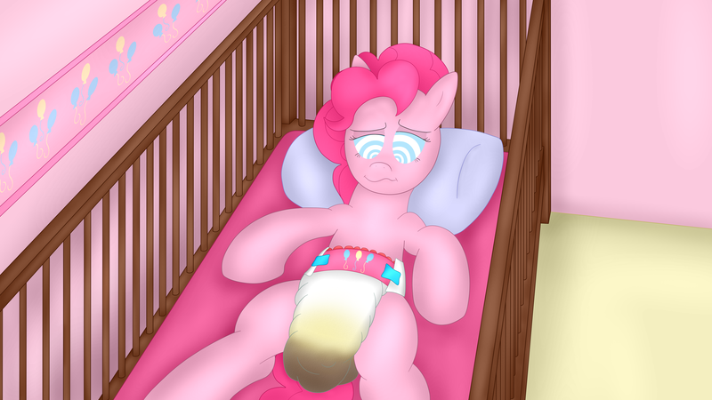 Size: 3840x2160 | Tagged: questionable, alternate version, artist:leadpie, derpibooru import, pinkie pie, pony, crib, diaper, diaper fetish, fetish, mental regression, messy diaper, mind control, poop, poopy diaper, solo, swirly eyes, urine, wet diaper