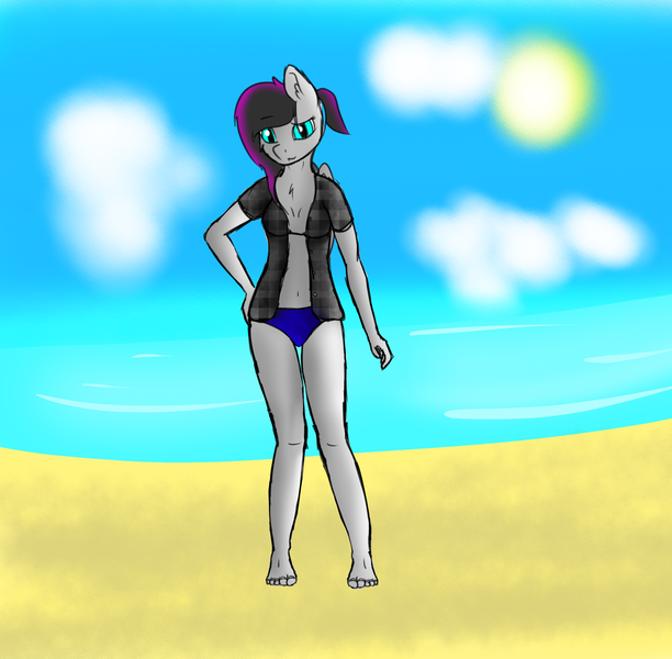 Size: 2286x2241 | Tagged: safe, artist:scarrly, derpibooru import, oc, oc:scarrly, unofficial characters only, anthro, bat pony, plantigrade anthro, bikini, clothes, flannel, ocean, open clothes, open shirt, shirt, solo, swimming, swimsuit