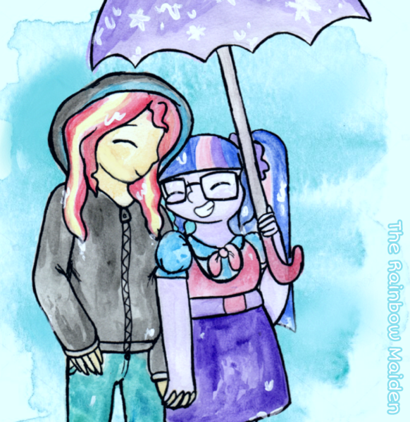 Size: 796x820 | Tagged: safe, artist:therainbowmaiden, derpibooru import, sci-twi, sunset shimmer, twilight sparkle, eqg summertime shorts, equestria girls, monday blues, clothes, female, holding hands, hoodie, lesbian, rain, scitwishimmer, shipping, smiling, sunsetsparkle, traditional art, umbrella, watercolor painting, wet hair