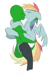 Size: 1133x1628 | Tagged: safe, artist:kejifox, color edit, derpibooru import, edit, rainbow dash, oc, oc:anon, human, pegasus, pony, canon x oc, colored, eyes closed, female, floppy ears, hand on butt, holding a pony, human on pony action, interspecies, kissing, male, mare, simple background, spread wings, straight, white background, wings