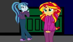 Size: 1183x676 | Tagged: safe, artist:bigpurplemuppet99, derpibooru import, sonata dusk, sunset shimmer, equestria girls, clothes, female, hoodie, lesbian, shipping, sunata