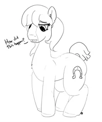 Size: 5000x5974 | Tagged: safe, artist:pabbley, derpibooru import, trouble shoes, pony, absurd resolution, dialogue, just my luck, monochrome, rule 63, simple background, solo, troubleheels clara, white background